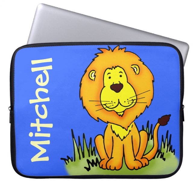 Lion graphic first name blue kids laptop case (Front)