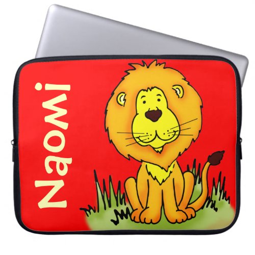 Lion graphic first name red kids laptop case