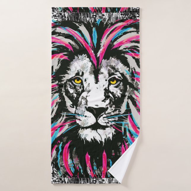 Lion Head Bath Towel | Punky Blue Pink Lion (Bath Towel)