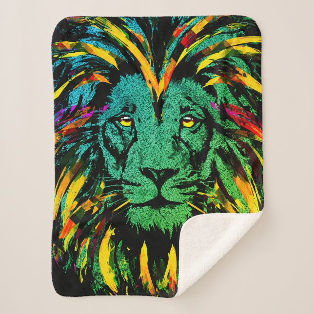 Lion Head Dark - Lion Illustration Sherpa Blanket (Front)