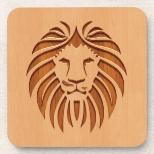 Lion head engraved on wood design beverage coaster