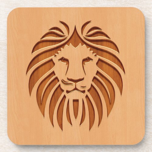 Lion head engraved on wood design beverage coaster