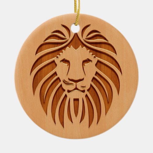 Lion head engraved on wood design ceramic ornament