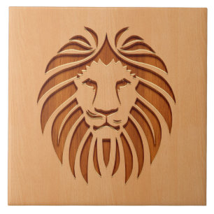 Lion head engraved on wood design ceramic tile
