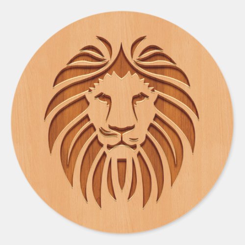 Lion head engraved on wood design classic round sticker
