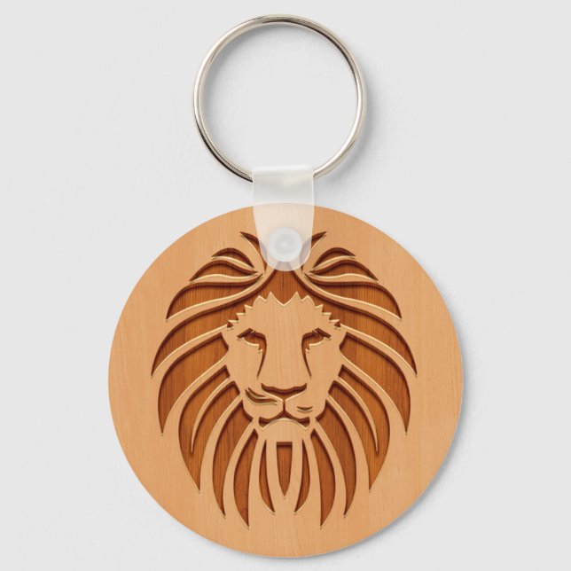 Lion head engraved on wood design keychain (Front)