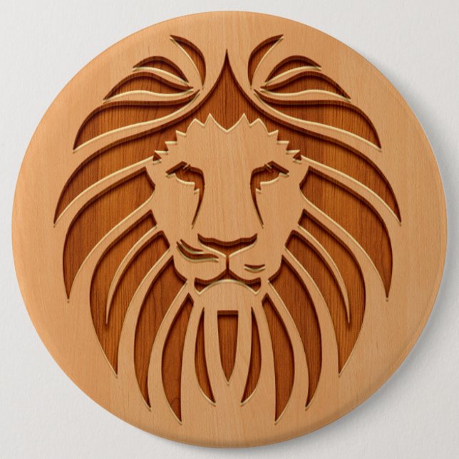 Lion head engraved on wood design pinback button (Front)