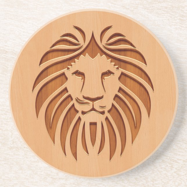 Lion head engraved on wood design sandstone coaster (Front)