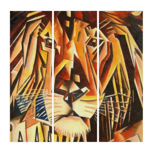 Lion Head Modern Cubist Painting Triptych