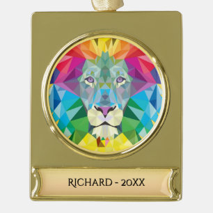 Lion Head Rainbow Colors w / Date and Year Gold Plated Banner Ornament