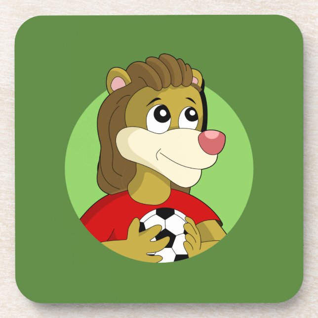 Lion holding a soccer ball cartoon beverage coaste beverage coaster (Front)