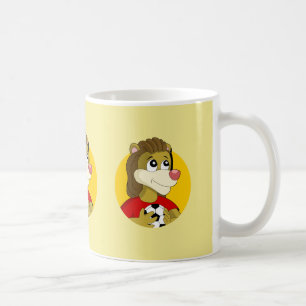 Lion holding a soccer ball cartoon coffee mug