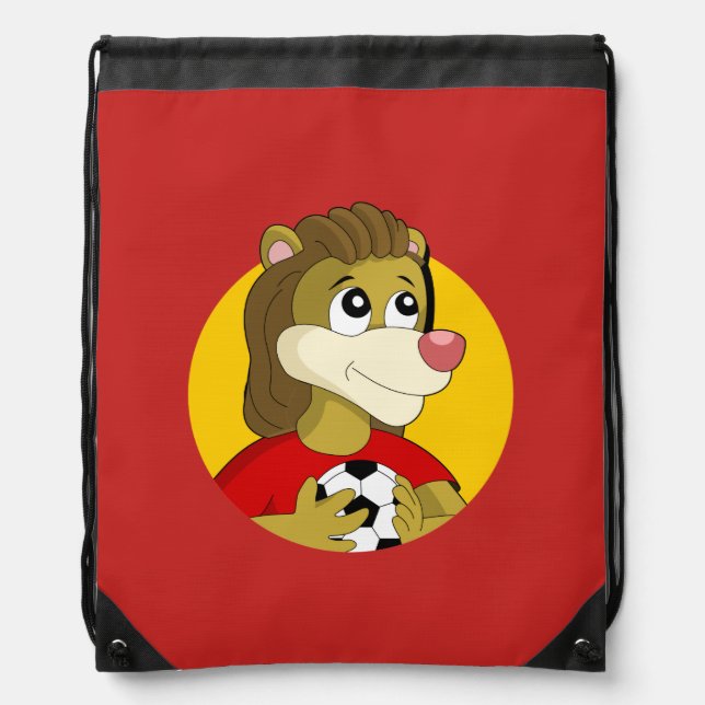 Lion holding a soccer ball cartoon drawstring bag (Front)