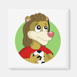 Lion holding a soccer ball cartoon magnet