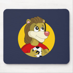 Lion holding a soccer ball cartoon mouse pad