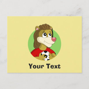 Lion holding a soccer ball cartoon postcard