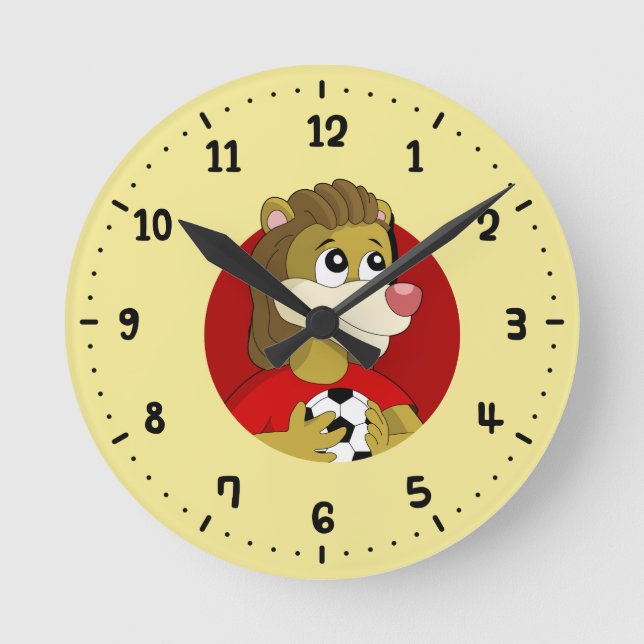 Lion holding a soccer ball cartoon round clock (Front)