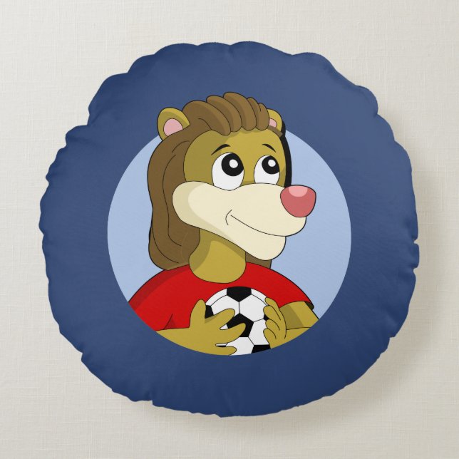 Lion holding a soccer ball cartoon round pillow (Front)