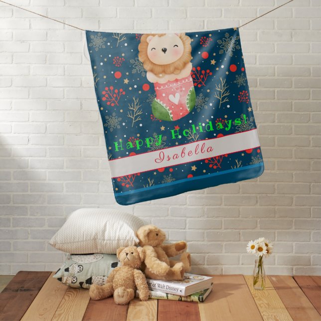 Lion Holidays Customize Text and Name Baby Blanket (In Situ)