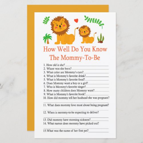 Lion How well do you know baby shower game