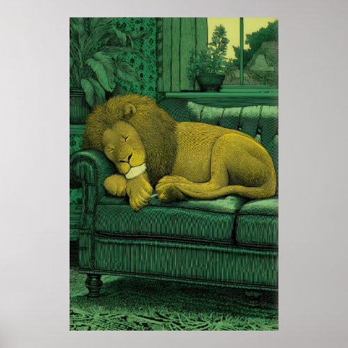 Lion Illustration Print Serene Indoor Setting