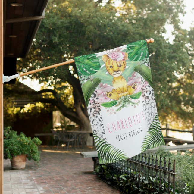 Lion Illustration Safari Girl Party House Flag (In SItu)