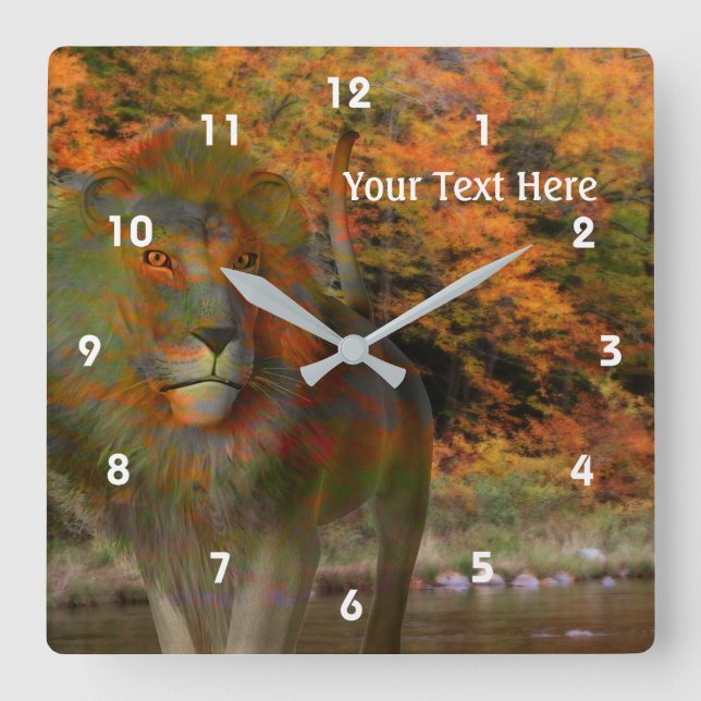 Lion In Autumn Fantasy Animal Art Square Wall Clock (Front)