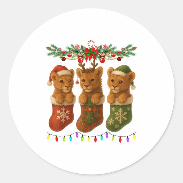 Lion In Christmas Socks Lights Lion Xmas  Classic Round Sticker (Front)