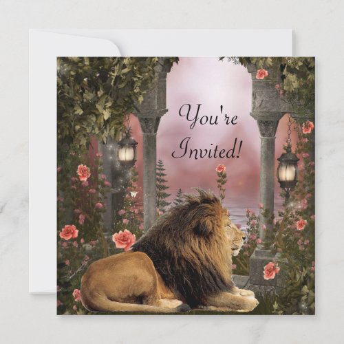 Lion in Enchanted Floral Garden Event Invite