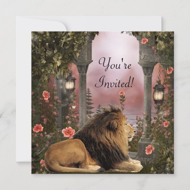 Lion in Enchanted Floral Garden Event Invite (Front)