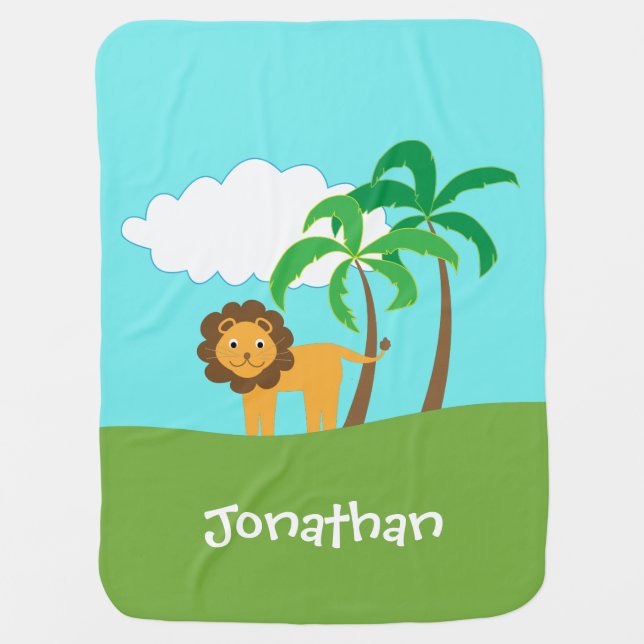 Lion in Jungle with Palm Trees Personalized Baby Blanket (Front)