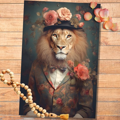 Lion in Suit Hat with Flowers 2 Decoupage Paper