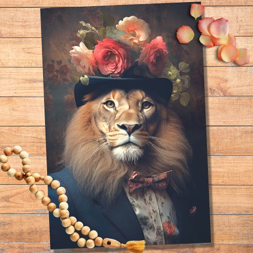 Lion in Suit Hat with Flowers 3 Decoupage Paper