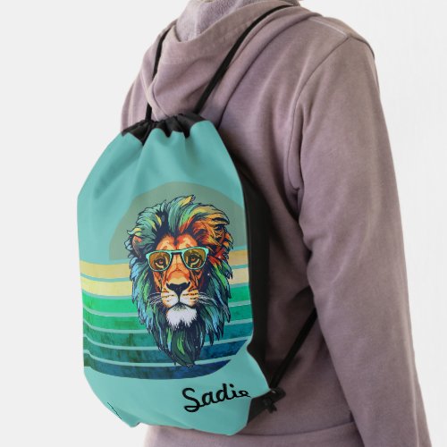 Lion in Sunglasses Custom Name Retro Stripe  Drawstring Bag