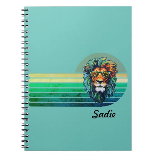 Lion in Sunglasses Custom Name Retro Stripe  Notebook