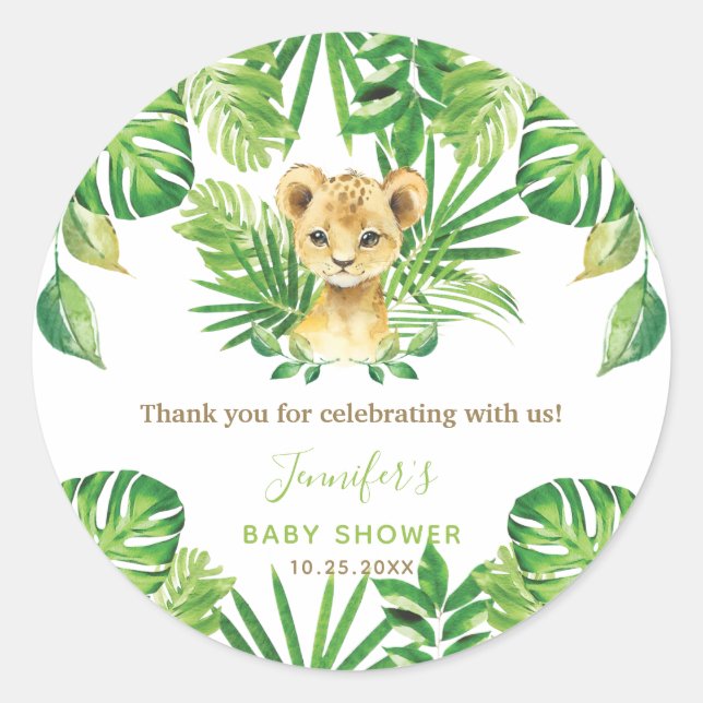 Lion Jungle Animals Greenery Neutral Baby Shower Classic Round Sticker (Front)