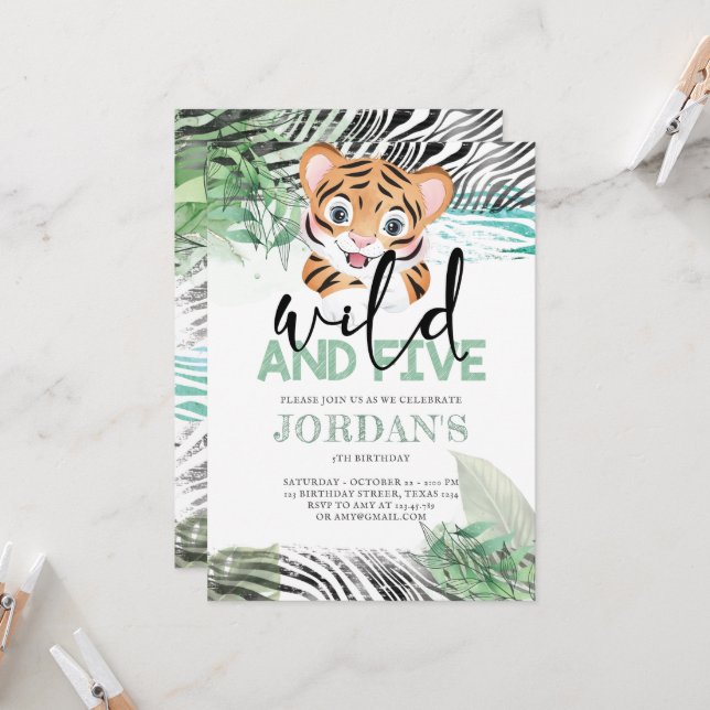 Lion Jungle Cute 5th Birthday Invitation (Front/Back In Situ)