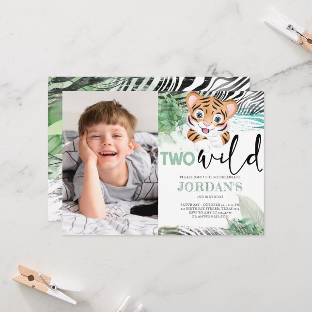 Lion Jungle Cute Second Birthday Photo Invitation (Front/Back In Situ)