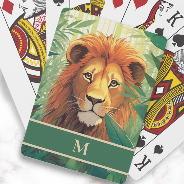 Lion Jungle Painting Monogram Initial Poker Cards (Lion in the jungle painting playing cards, personalized with your monogram)