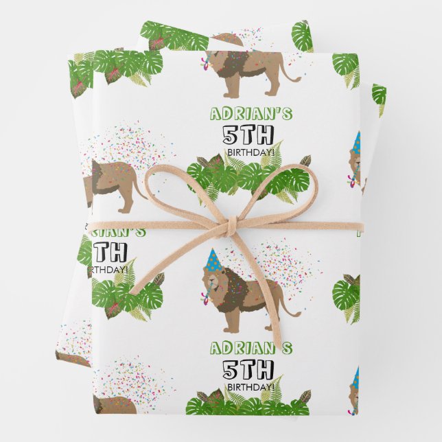 Lion Jungle Partying Animals Birthday Party Custom Wrapping Paper Sheets (In situ)