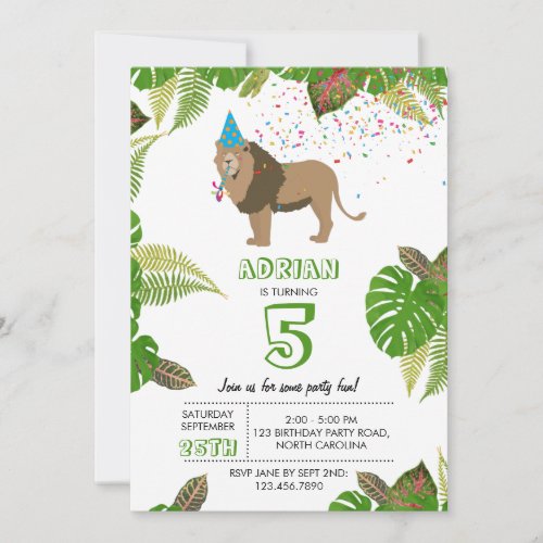 Lion Jungle Partying Animals Birthday Party Invitation