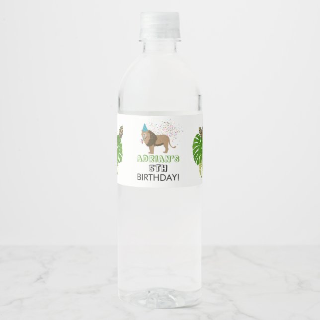 Lion Jungle Partying Animals Birthday Party  Water Bottle Label (Front)