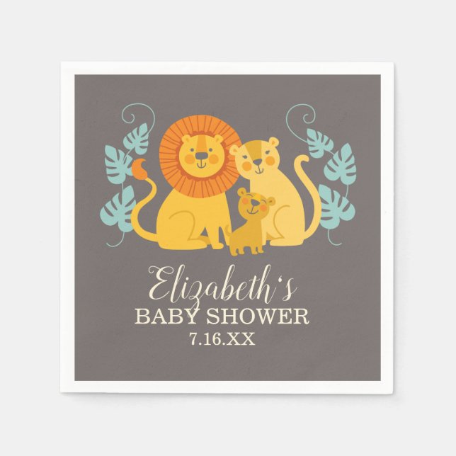 Lion Jungle Safari Grey Baby Boy Shower Napkins (Front)
