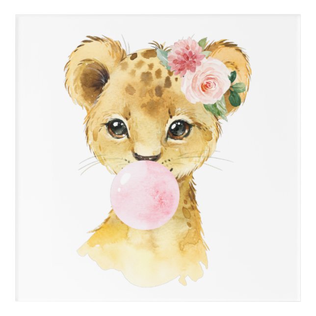 Lion, Jungle Safari, Pink Bubble Gum, Girl Nursery Acrylic Print (Front)