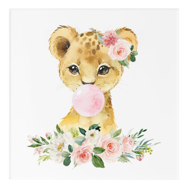 Lion, Jungle Safari, Pink Bubble Gum, Girl Nursery Acrylic Print (Front)