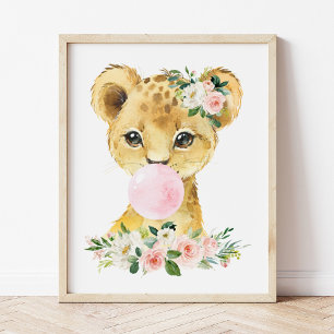 Lion, Jungle Safari, Pink Bubble Gum, Girl Nursery Poster