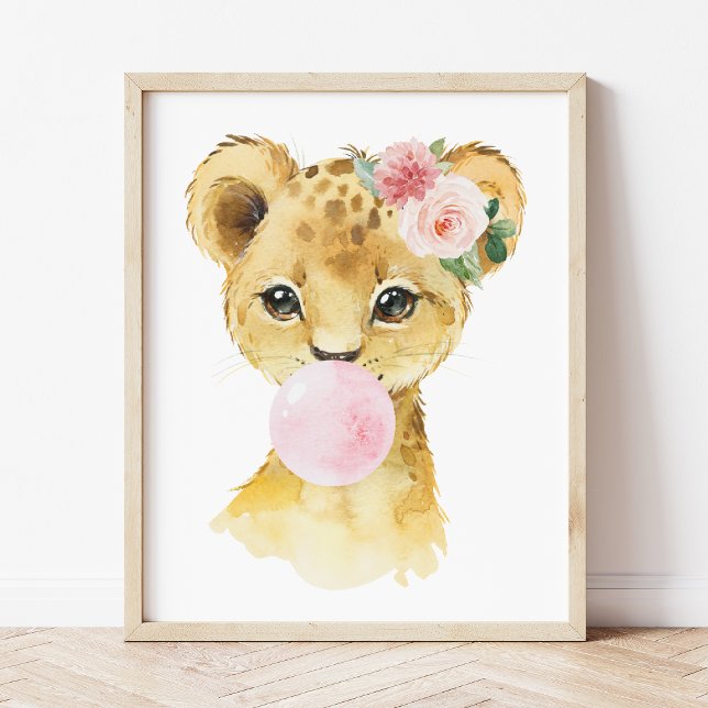 Lion, Jungle Safari, Pink Bubble Gum, Girl Nursery Poster (Creator Uploaded)