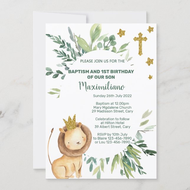 Lion King 1st birthday baptism invitation. Invitation (Front)