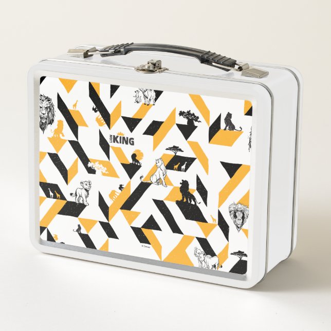 Lion King | Black & Gold Geometric Pattern Metal Lunch Box (Front)