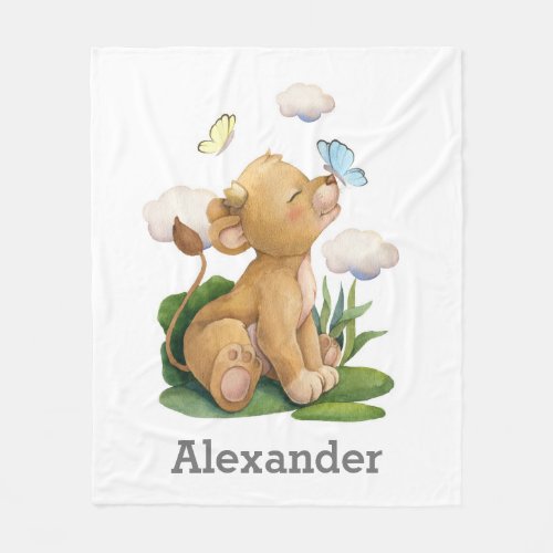 Lion King Cute baby lion with butterfly Fleece Blanket